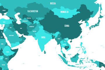 Fototapeta na wymiar Political map of western, southern and eastern Asia in shades of turquoise blue. Modern style simple flat vector illustration.