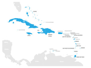 Political map of Carribean. Blue highlighted states and dependent territories. Simple flat vector illustration.