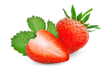whole and half of red strawberry with green leaves isolated on the white background