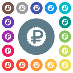 Ruble sticker flat white icons on round color backgrounds