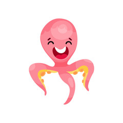 Cute happy octopus cartoon character, funny underwater animal vector Illustration