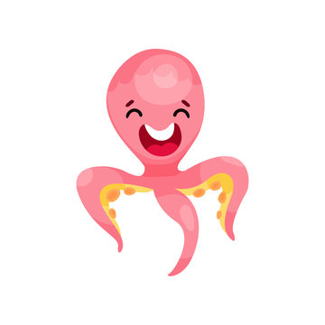 Cute happy octopus cartoon character, funny underwater animal vector Illustration