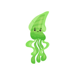 Cute smiling green octopus cartoon character, funny underwater animal vector Illustration