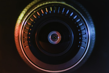 The camera lens with colored light, close photos,