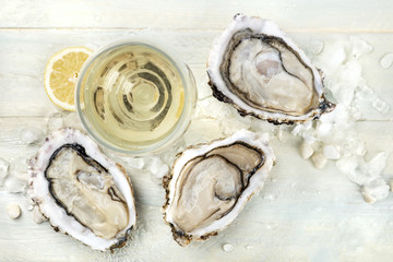 Overhead photo of oysters with wine and lemon, with copy space