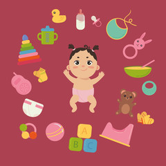 Cute little baby in diaper with newborn essentials