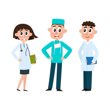 vector flat cartoon adult male, female doctors, head physician, surgeon in medical clothing, uniform holding clipboard, stethoscope smiling set. Isolated illustration on a white background.