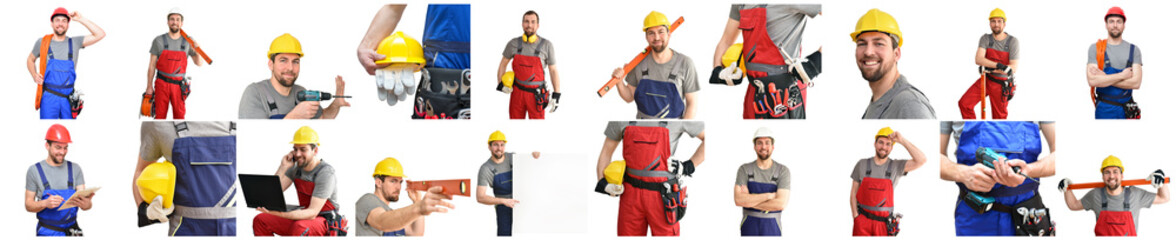 div. Freisteller Handwerker Bauarbeiter Monteur in Berufsbekleidung auf weißem Hintergrund -...