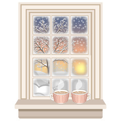 Classic wooden frosted window, view on the snowcovered winter landscape with bare trees and snow banks. Sunset sky and snowflakes. Two cocoa or coffee cups on window sill. Vector illustration