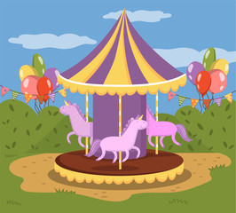 Obraz premium Colorful carousel with horses, merry go round in an amusement park vector illustration, colorful design element for poster or banner