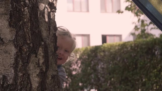 Beautiful laughing little boy hiding and peeking from behind a tree.