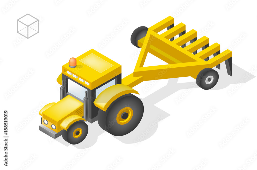 Poster set of isolated isometric minimal city elements . tractor with shadows on white background