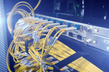 Fiber Optical connector interface. Rack Mounted Servers In A Server Room, Server rack audio cable....