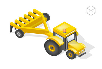Set of Isolated Isometric Minimal City Elements . Tractor with Shadows on White Background