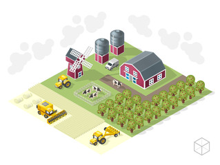 Set of Isolated Isometric Minimal City Elements . Farm with Shadows on White Background