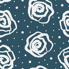 Rose flowers drawn by hand and polka dot. Floral seamless pattern. Grunge, sketch, doodle.