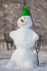 Fun snowman in park.