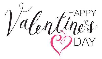 Vector handwritten calligraphic inscription Happy Valentines Day. Black handwriting creative lettering on white background with pink heart, design element for holiday cards and invitations