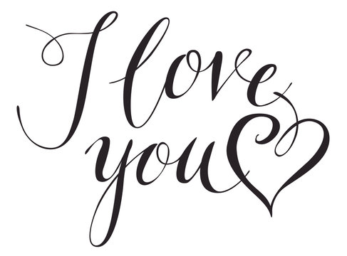 Vector handwritten calligraphic inscription I Love You with heart. Black handwriting creative lettering isolated on white background, design for holiday cards and invitations