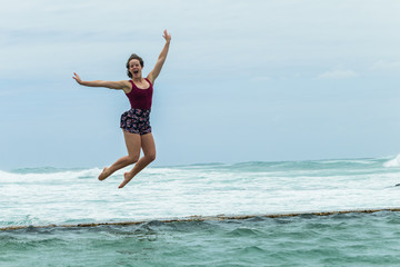 Girl Happy Holidays Beach Jumping Tidal Pool Ocean
