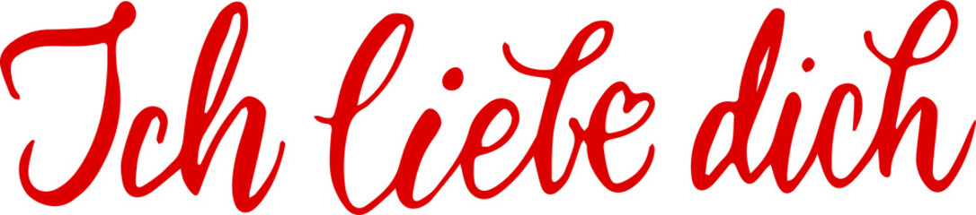 Ich liebe dich lettering. I love you inscription in German. Valentine's day postcard. Lovely hand drawn calligraphy. Red on white.