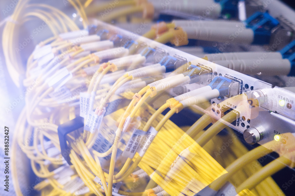 Poster fiber optical connector interface. rack mounted servers in a server room, server rack audio cable. s