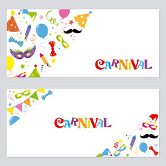 Happy carnival card. Two banners with party icons and white background