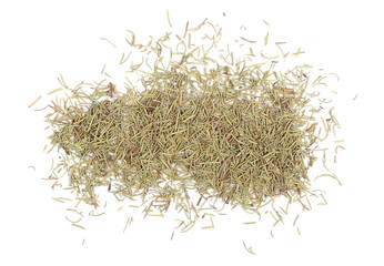 Pile of dry rosemary isolated on white background, top view