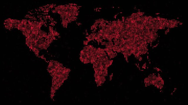 Digital red world map in flickering dots. Motion graphics background for broadcast TV, films, exhibition and presentations. Seamless Loop.
