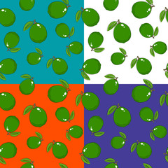 Set of four Seamless Fruit Patterns ,Tropical Fruit Lime on White Green Orange and Blue Background, Vector Illustration