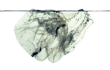 plastic pollution floating in water, isolated on white.