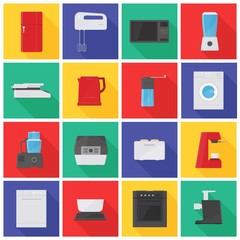 Collection of icons or pictograms with kitchen appliances, equipment, manual and electric tools for food processing, preparation or cooking. Bright colored vector illustration in flat style.