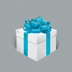 Vector realistic gift box with blue ribbon and bow. Transparent background.