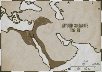 Original hand drawn map. Ayyubid Sultante in 1193 AD.