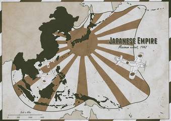 Hand drawn map of Japanese Empire in 1942