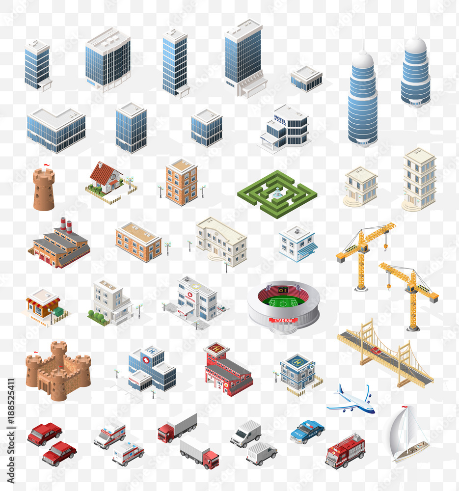 Poster set of realistic isometric high quality city element for map on transparent background . buildings