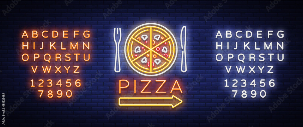 Wall mural pizza logo emblem neon sign. logo in neon style, bright neon sign with italian food promotion, pizze