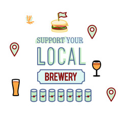 Poster for motivating to visit local pub, brewery and drink local beer. Tasty burger, fries and cans of local beer.