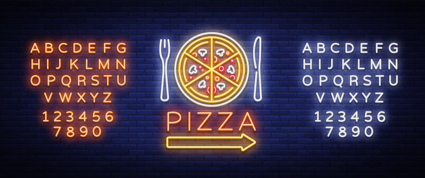 Pizza logo emblem neon sign. Logo in neon style, bright neon sign with Italian food promotion, pizzeria, snack, cafe, bar, restaurant. Pizza delivery. Vector illustration. Editing text neon sign - Powered by Adobe