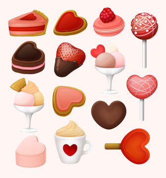 St Valentine`s day sweets icons set. Vector illustration. 