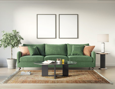 Classic elegant luxury white interior with a classic green sofa