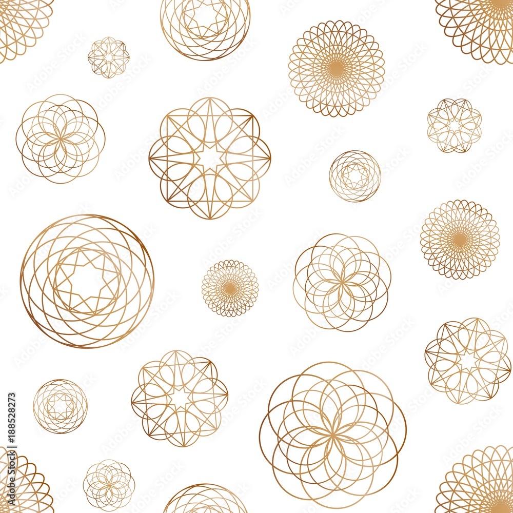 Aufkleber Abstract seamless pattern with various round geometric shapes drawn with golden contour lines on white background. Elegant vector illustration for wallpaper, wrapping paper, fabric print, backdrop.
