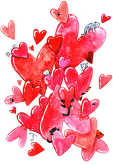 watercolor illustration with cats in pink and red hearts on white background - 188528484