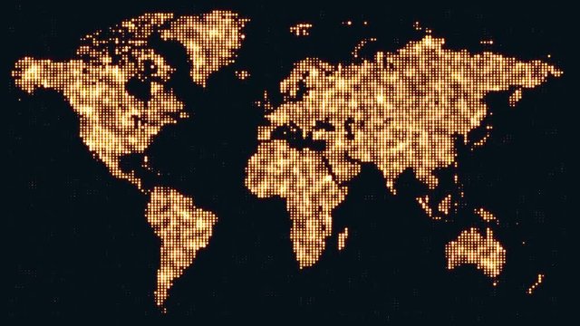 Digital golden world map in flickering dots. Motion graphics background for broadcast TV, films, exhibition and presentations. Seamless Loop.