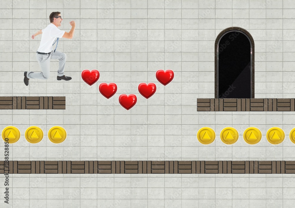 Aufkleber man in computer game level with hearts and coins