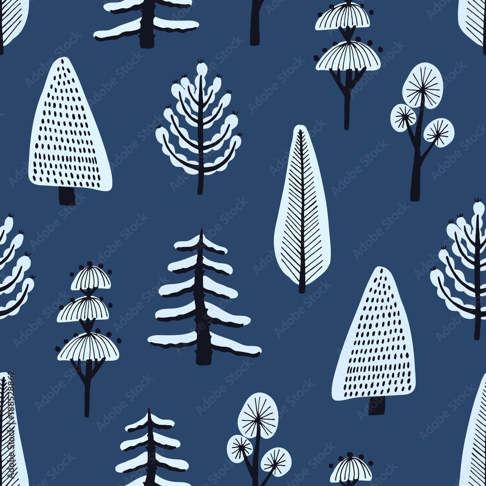 Poster seamless pattern with various hand drawn winter trees covered by snow on blue background. backdrop w