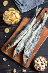 Assorted snacks for beer, dried fish.