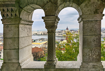View of the Parliament building from the Buda Hill. Fisherman's Bastion. Budapest. Hungary.