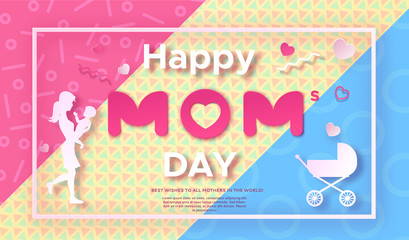 Trendy geometric mother's day banner in modern 90s 80s memphis style with paper art shapes, origami elements, patterns, flowers, woman holding baby, colorful background, vector illustration