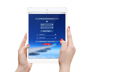 Female hands holding tablet with cheap flights app, on white background